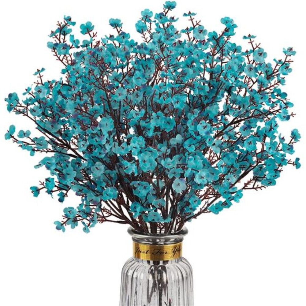 New 8Pcs Babys Breath Artificial Flowers Silk,Real Touch Peacock Blue Bouquets